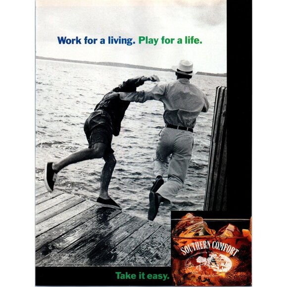 1996 Southern Comfort Whisky Vintage Print Ad Friends Jumping off Dock Wall Art - Picture 1 of 2
